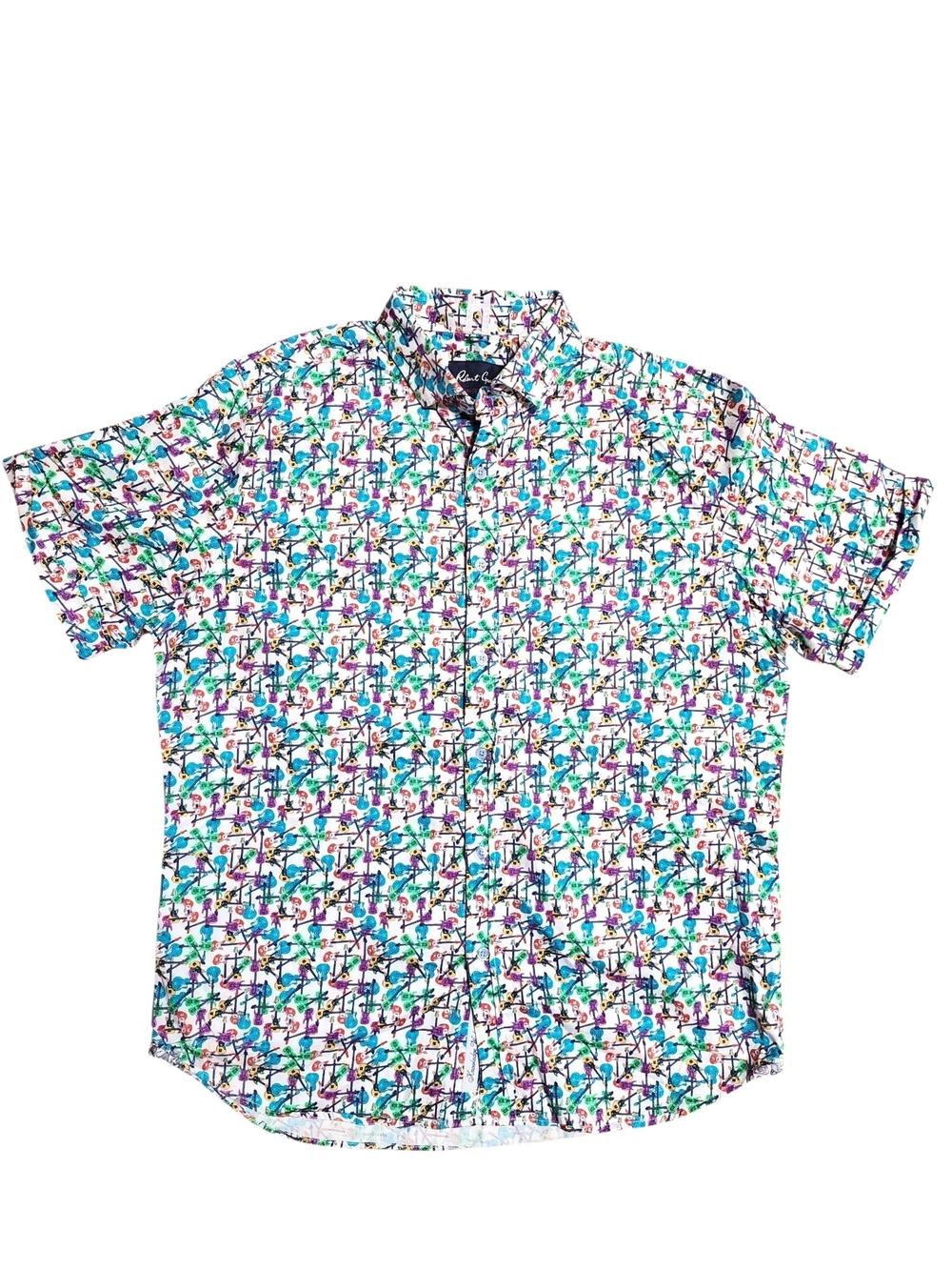 Robert Graham White Short-Sleeve Button-Down with Teal & Purple Guitar Print -XL